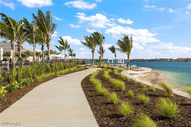 view of community featuring a water view and a view of the beach