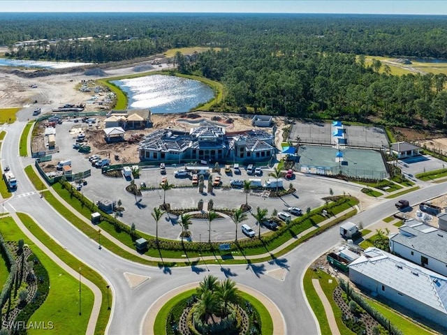 bird's eye view with a water view