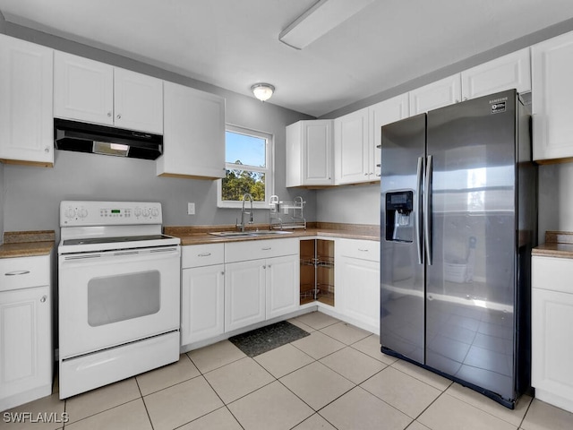 kitchen with sink, white cabinets, stainless steel fridge with ice dispenser, white range with electric cooktop, and light tile patterned flooring