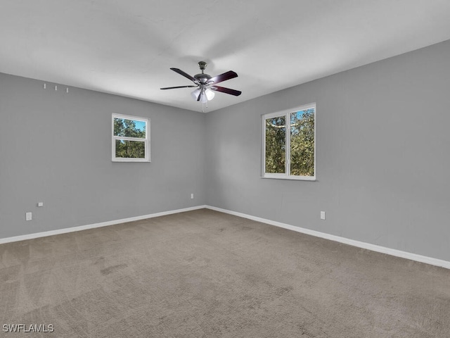 unfurnished room featuring carpet floors, plenty of natural light, and ceiling fan