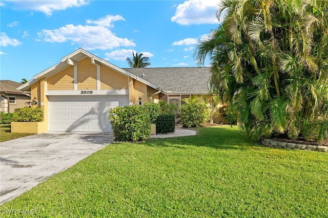 ranch-style home featuring a garage and a front yard