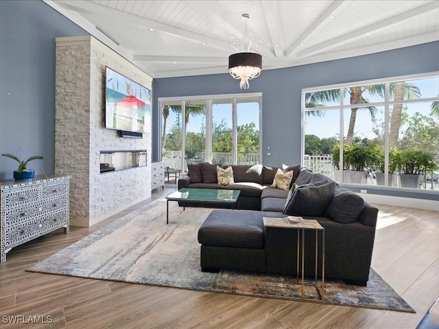 living room featuring wood ceiling, beamed ceiling, and wood-type flooring