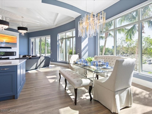 dining area with a wealth of natural light, a notable chandelier, and light wood-type flooring