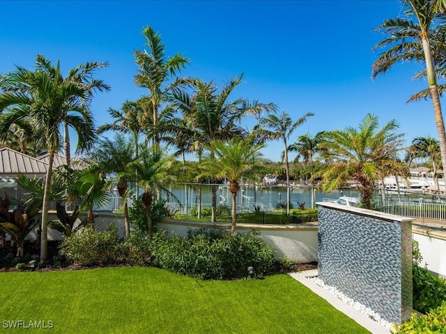 view of yard with a water view