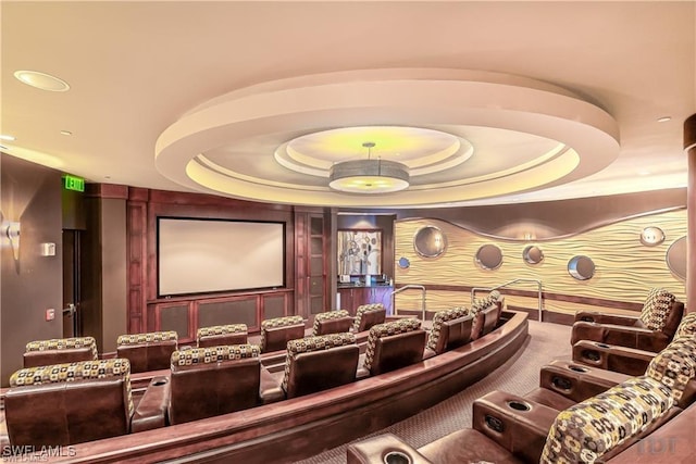 cinema room with a raised ceiling