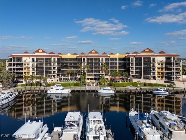 view of dock with a water view