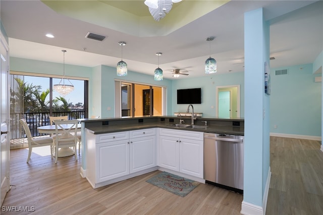 kitchen with sink, stainless steel dishwasher, light hardwood / wood-style floors, white cabinets, and ceiling fan with notable chandelier