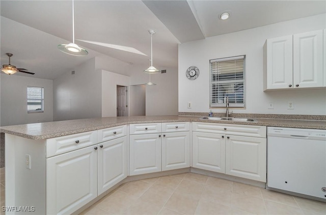 kitchen with pendant lighting, dishwasher, white cabinets, sink, and ceiling fan