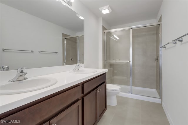 bathroom with tile patterned flooring, vanity, a shower with shower door, and toilet