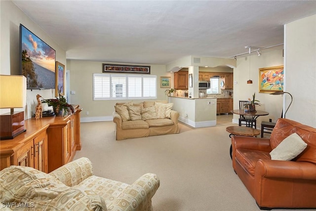 living room featuring rail lighting and light colored carpet