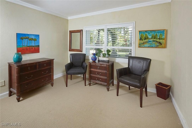 living area featuring light colored carpet and ornamental molding