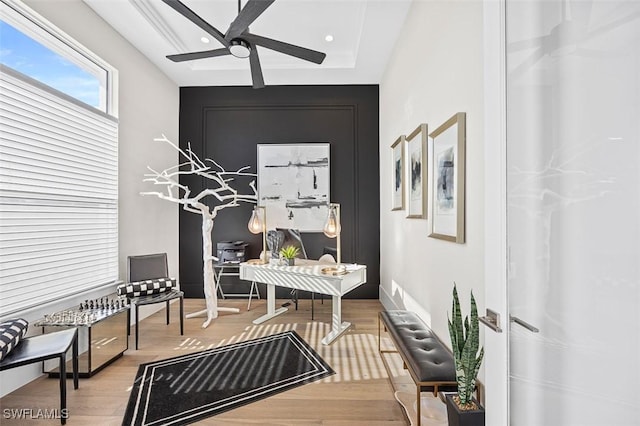 home office with light wood finished floors, ceiling fan, and recessed lighting