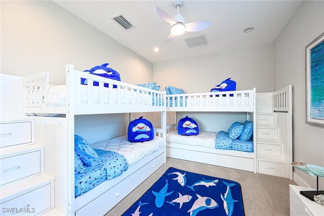carpeted bedroom with ceiling fan and recessed lighting
