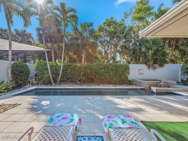 view of swimming pool with a lanai and a patio