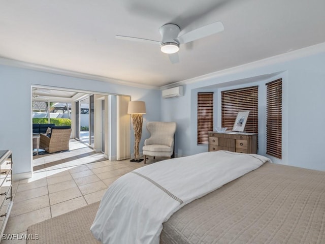 bedroom featuring access to outside, ceiling fan, light tile patterned flooring, and a wall mounted air conditioner