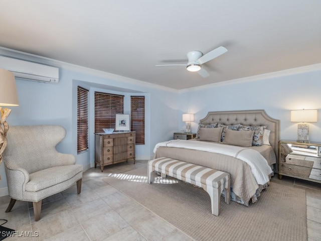 bedroom featuring a wall unit AC, ceiling fan, and ornamental molding