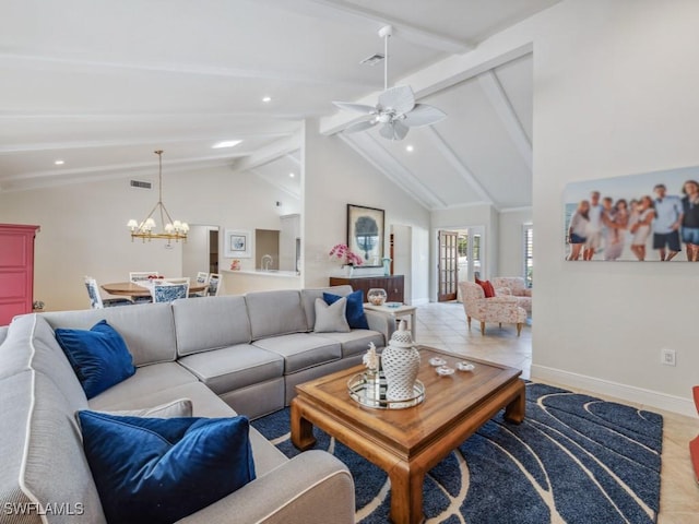 living room with beamed ceiling, ceiling fan with notable chandelier, and high vaulted ceiling