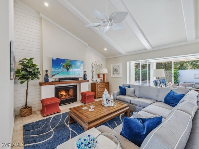 living room featuring wood walls, lofted ceiling with beams, and ceiling fan