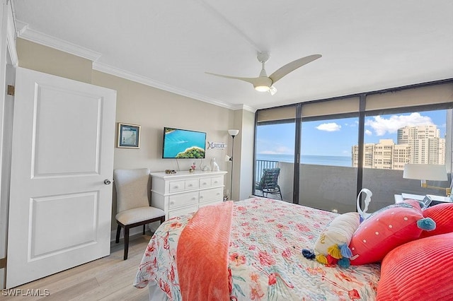 bedroom featuring access to outside, multiple windows, light hardwood / wood-style floors, and ceiling fan