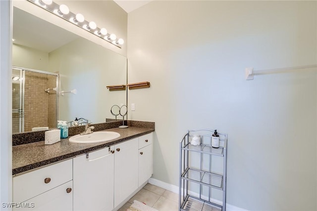 bathroom featuring tile patterned floors, vanity, and walk in shower