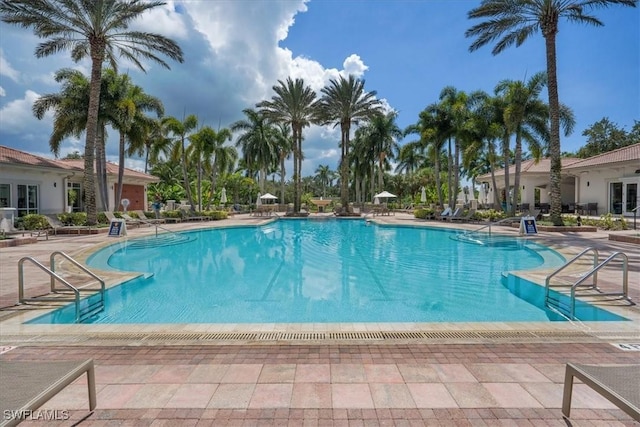 view of swimming pool featuring a patio area