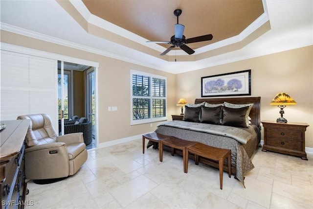 bedroom with access to exterior, ceiling fan, a raised ceiling, and ornamental molding