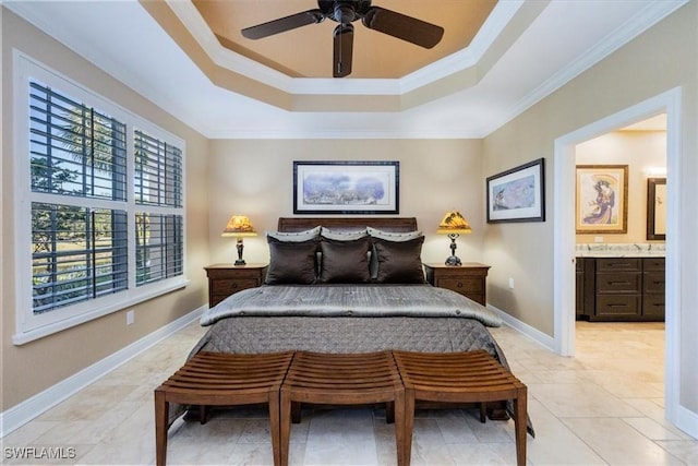 tiled bedroom with ceiling fan, ornamental molding, and ensuite bathroom