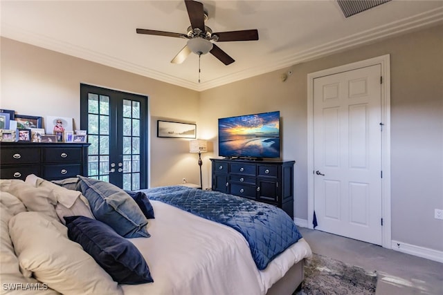 bedroom with french doors, ceiling fan, and ornamental molding