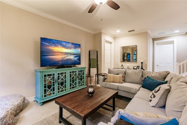 living room featuring crown molding, tile patterned flooring, and ceiling fan