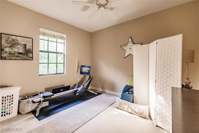 workout area featuring carpet flooring and ceiling fan