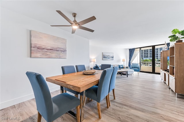 dining area featuring ceiling fan, a wall of windows, and light wood-type flooring