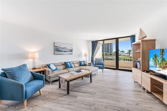 living room with expansive windows and light hardwood / wood-style flooring