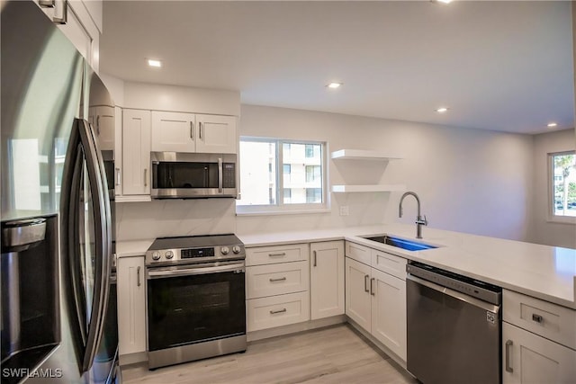 kitchen featuring white cabinetry, sink, light hardwood / wood-style floors, and appliances with stainless steel finishes