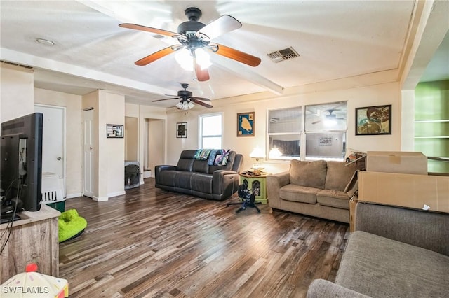 living room with dark hardwood / wood-style floors and ceiling fan