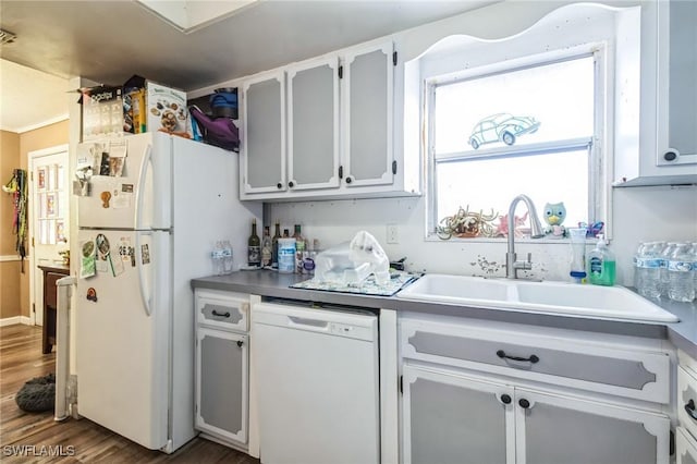 kitchen featuring white cabinetry, dark hardwood / wood-style flooring, white appliances, and sink