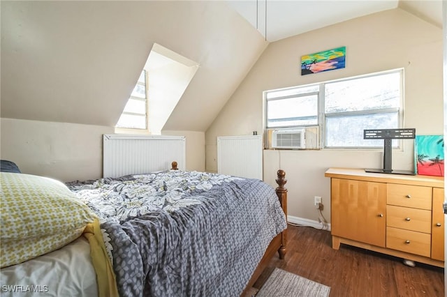 bedroom featuring lofted ceiling, cooling unit, and dark hardwood / wood-style floors