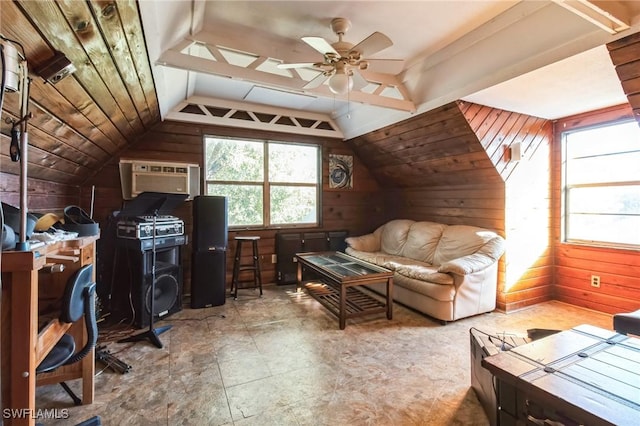 interior space featuring a wall mounted air conditioner, ceiling fan, lofted ceiling, and wood walls