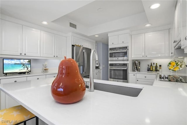 kitchen with a raised ceiling, kitchen peninsula, white cabinets, and stainless steel appliances