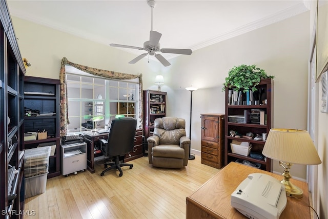 office space featuring crown molding, ceiling fan, and hardwood / wood-style flooring