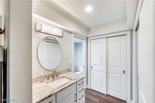 bathroom featuring wood finished floors, vanity, and recessed lighting