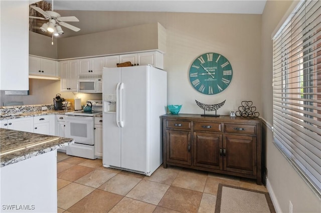 kitchen with lofted ceiling, white cabinetry, ceiling fan, and white appliances