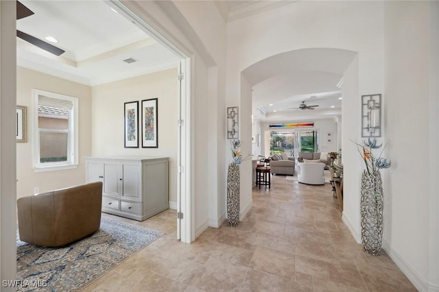 corridor with crown molding and french doors