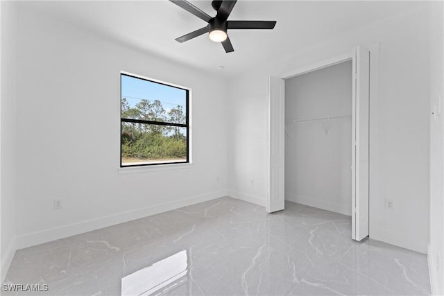 unfurnished bedroom with a closet and ceiling fan