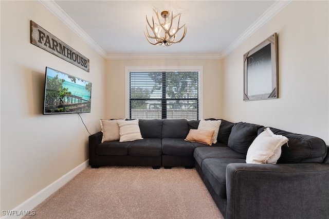 carpeted living room featuring a notable chandelier and ornamental molding