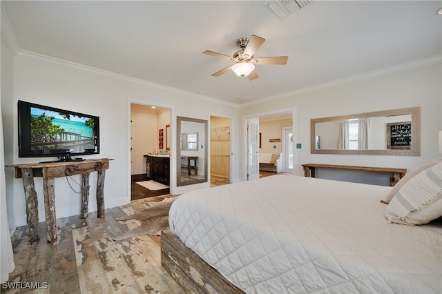 bedroom with connected bathroom, crown molding, ceiling fan, and hardwood / wood-style flooring