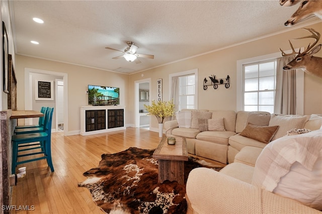 living room with crown molding, ceiling fan, a textured ceiling, and hardwood / wood-style flooring