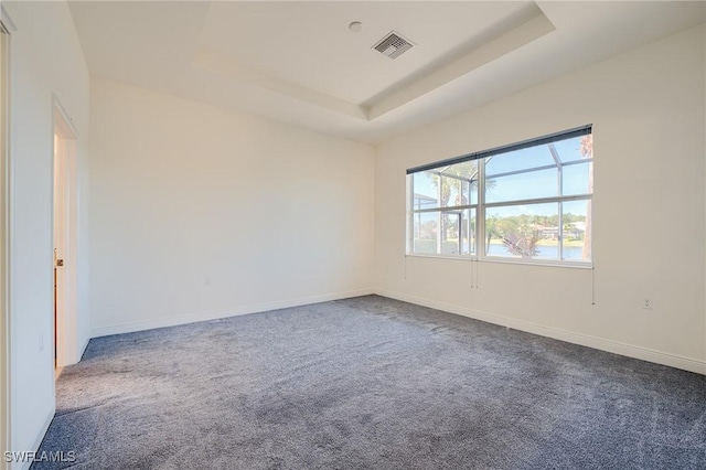 carpeted spare room with a tray ceiling