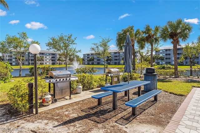 view of community with a water view