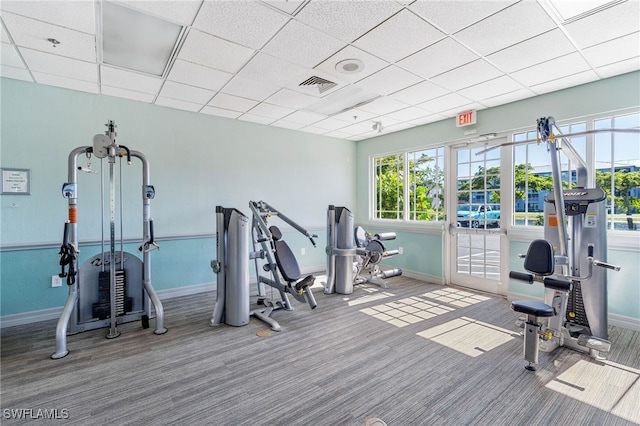 exercise room featuring carpet flooring, visible vents, baseboards, and a paneled ceiling