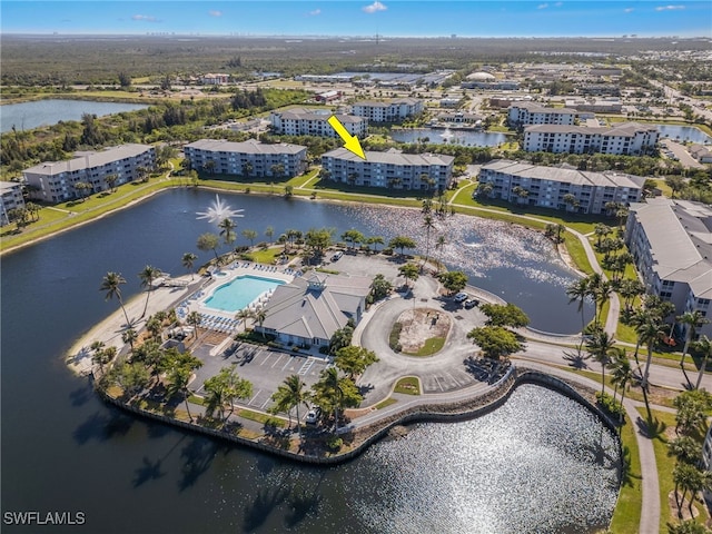 aerial view featuring a water view